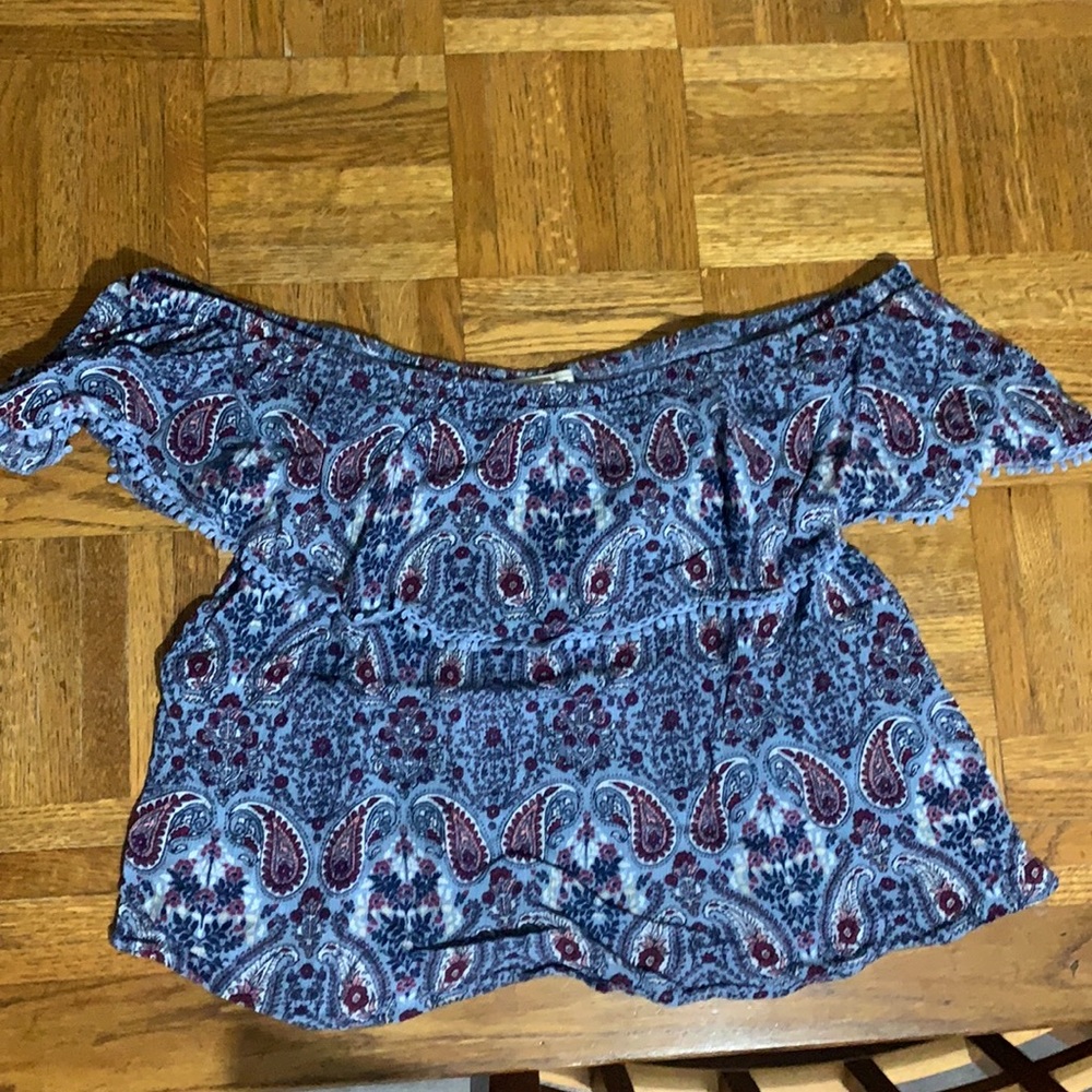 Adam Levine Large off the shoulder blue and maroon paisley print crop top